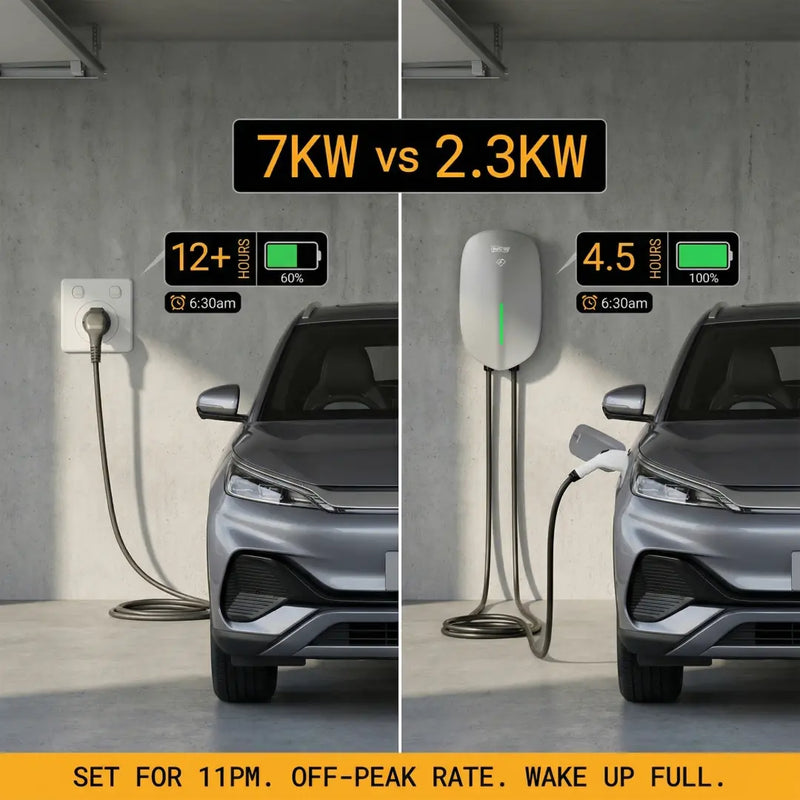 Comparison infographic showing Outway EV05 7kW charger fills battery in 4.5 hours versus 12+ hours for a standard 2.3kW socket.