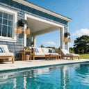 Double head solar sconce with woven shades on blue shingle house by swimming pool