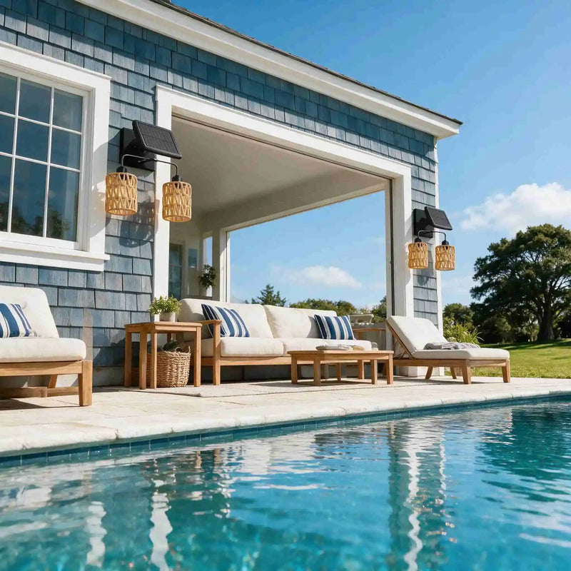 Double head solar sconce with woven shades on blue shingle house by swimming pool