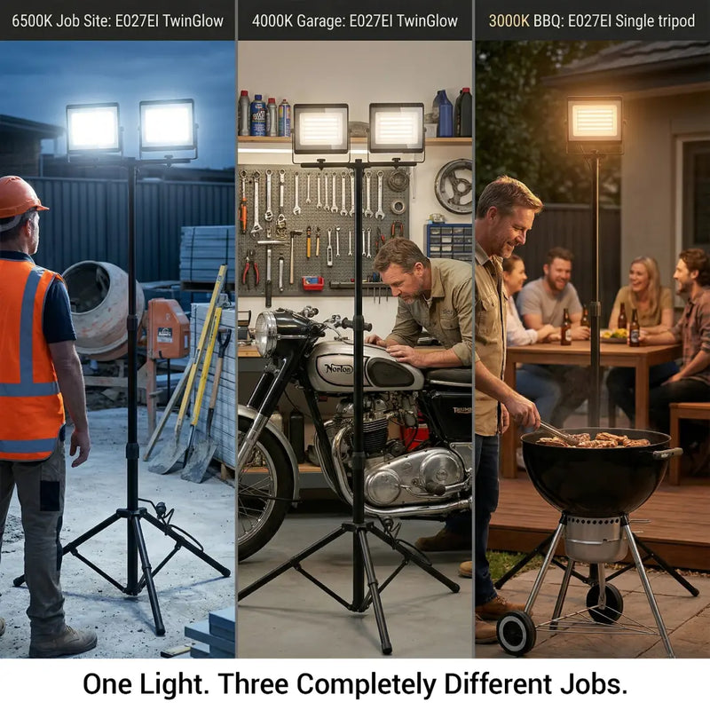 Multi-purpose LED work light, 3 color temperature adjustable tripod flood light for construction site, garage repair and backyard BBQ, one light for multiple jobs