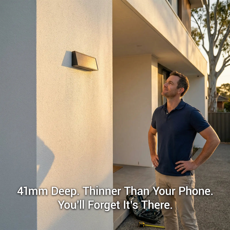 Tenox PT0716 solar wall light on rendered house pillar at dusk, 41mm slim profile barely visible against wall — thinner than a smartphone