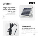 Product details graphic for a single crystalline silicon solar panel, showing the solar panel on a stand, its power cord, and text describing size and power cord length on a light gray background.