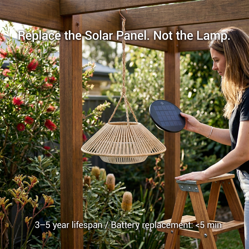 A woman stands on a wooden step stool under a pergola in a garden, holding a small solar panel next to a hanging woven basket-style outdoor lamp. Text on the image says, 'Replace the Solar Panel.