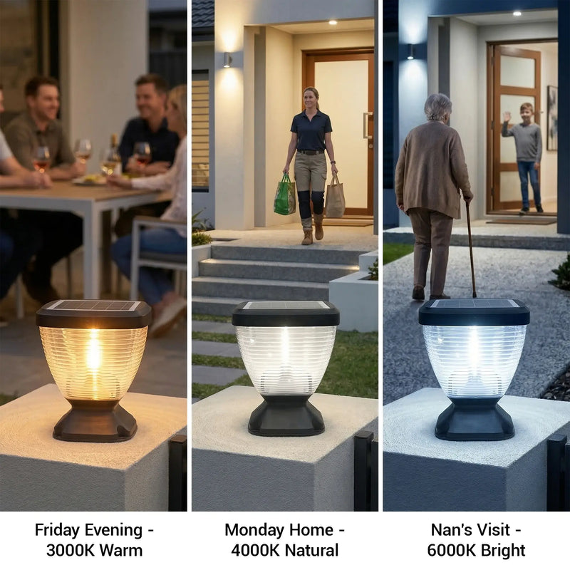 Three-panel infographic showing Nexi Solar Pillar Light PT0112 in three colour temperatures: 3000K warm white for Friday evening entertaining, 4000K natural white for everyday Monday use, 6000K bright white for elderly visitor visits requiring maximum visibility