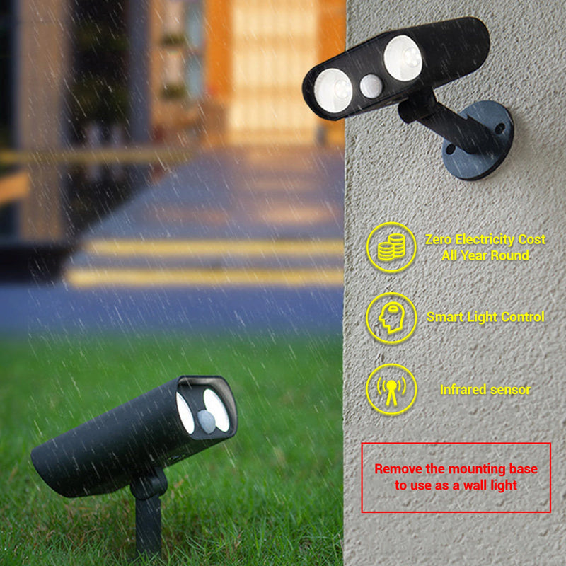 Outdoor solar spotlights on a wall and ground under rain, featuring smart light control and infrared sensor.