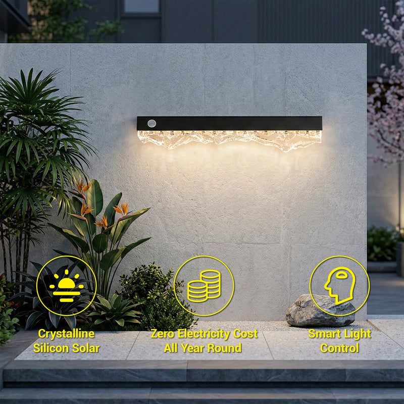 Outdoor solar motion sensor light with crystalline solar panel and smart control features for zero electricity cost