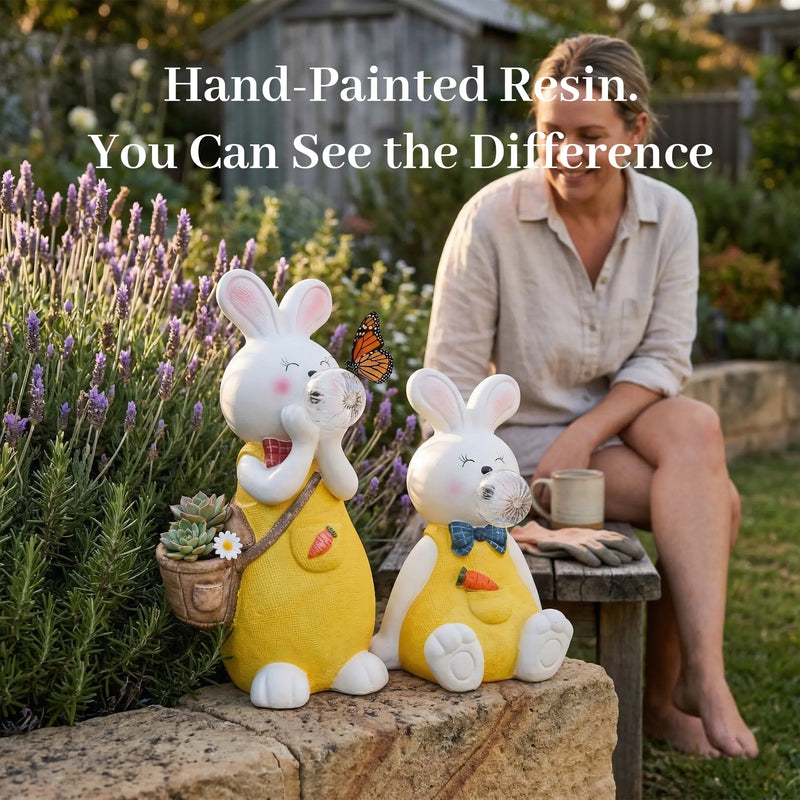 OUTWAY Hoppi A004 solar bubble rabbit standing and sitting ornament pair in a lavender garden with a monarch butterfly and a woman sitting on a bench with a coffee cup with text overlay Hand-Painted Resin You Can See the Difference