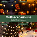 Decorative LED solar string fairy lights suitable for Halloween and Christmas with pumpkins and a Christmas tree.