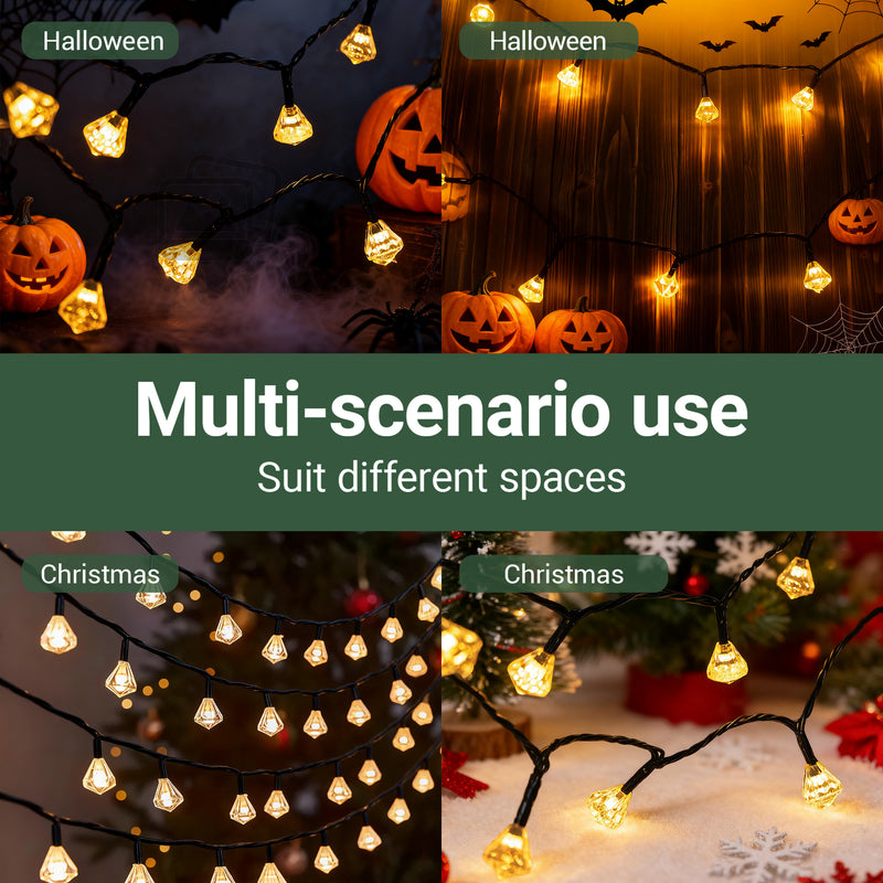 Decorative LED solar string fairy lights suitable for Halloween and Christmas with pumpkins and a Christmas tree.