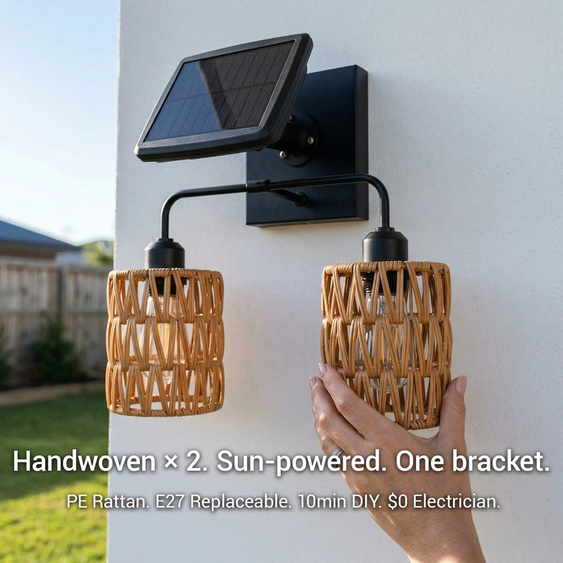 A two-light outdoor wall sconce with a black metal bracket and a small solar panel, shown mounted against a white exterior wall. Each light has a woven natural rattan shade.