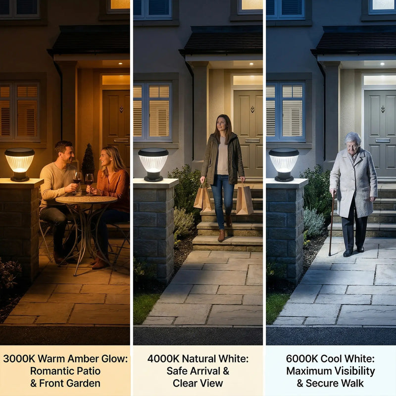 Three-panel comparison of OUTWAY Priva PT0111 solar pillar cap light showing 3000K warm amber glow for romantic patio and front garden on the left 4000K natural white for safe arrival and clear view in the centre and 6000K cool white for maximum visibility and secure walk on the right