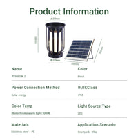 Product information card for a solar-powered outdoor light with dimensions and specifications.