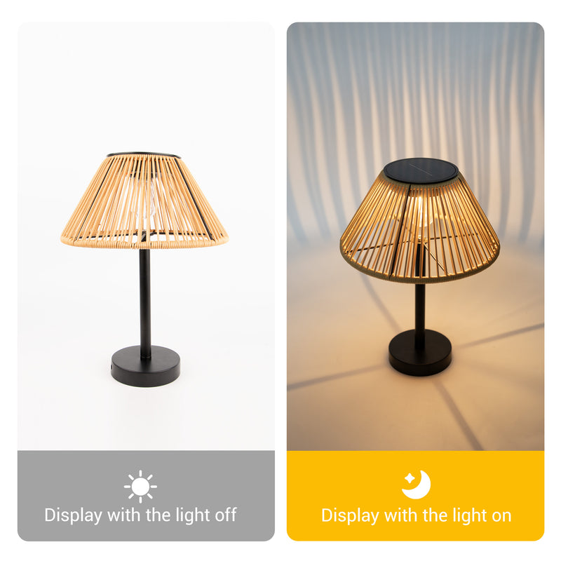 Solar Handwoven Table Lamp with a bamboo shade, illuminated, showcasing a blend of natural materials and light.