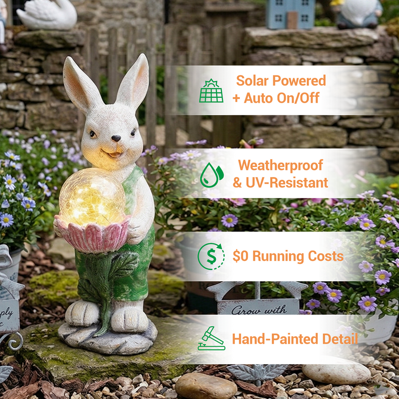 A solar-powered rabbit garden statue holding a crackle glass light globe, displayed in a garden setting with text callouts highlighting four features: Solar Powered + Auto On/Off, Weatherproof & UV-Resistant, $0 Running Costs, and Hand-Painted Detail.