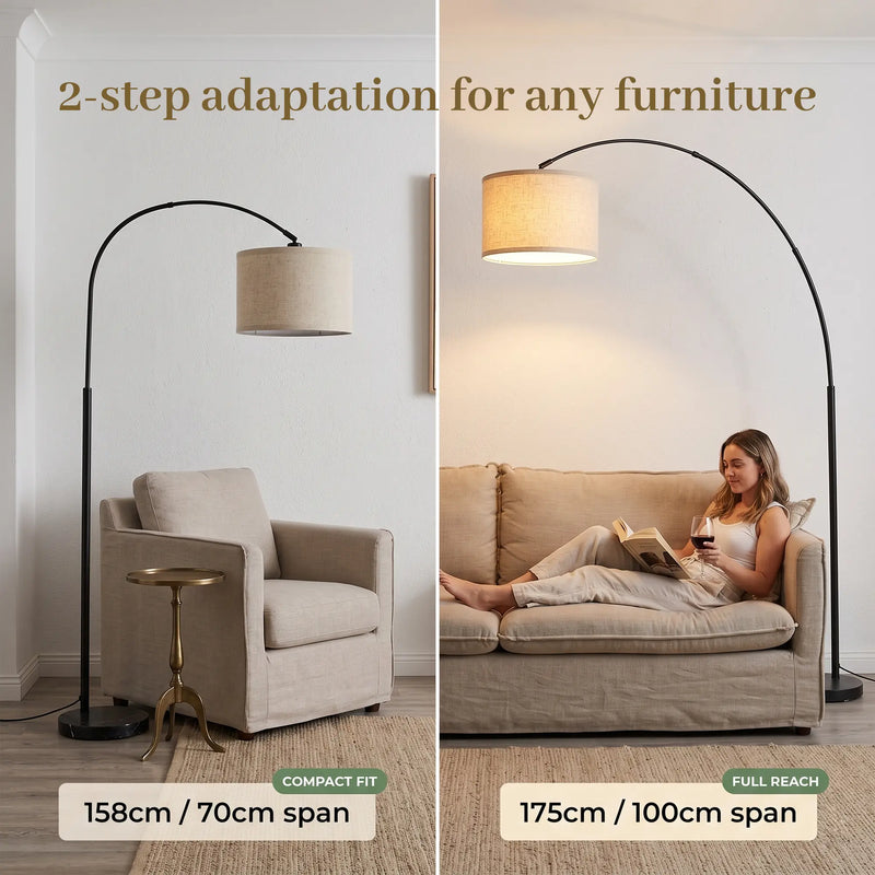 Floor lamp with 2-step adaptation for different spans in a living room setting.
