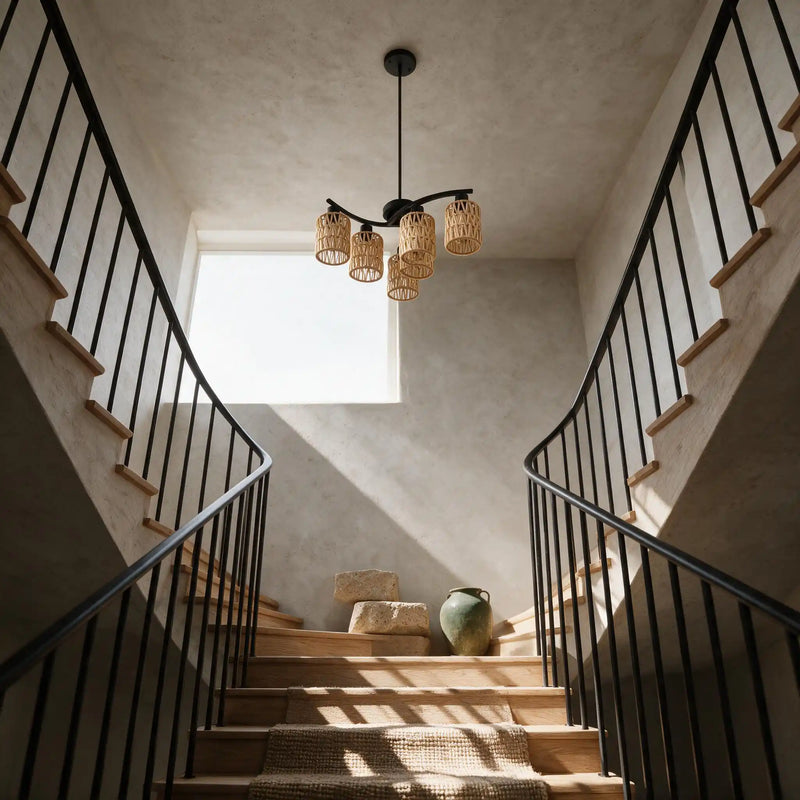 A modern multi-light chandelier with woven rattan shades hangs over a wooden staircase in a textured plaster hallway with black metal railings.