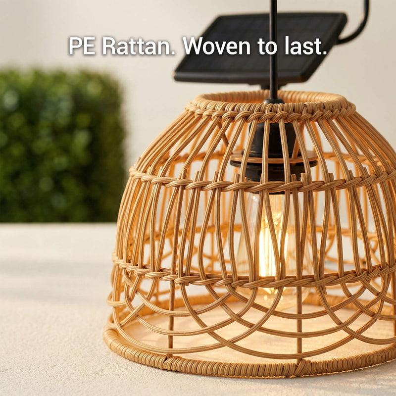 Woven rattan lampshade with text 'PE Rattan. Woven to last.'