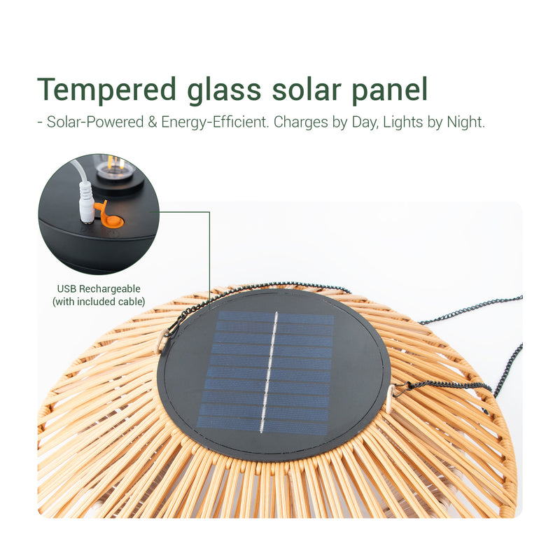 Solar-powered lamp featuring a handwoven bamboo shade, designed for eco-friendly lighting solutions.