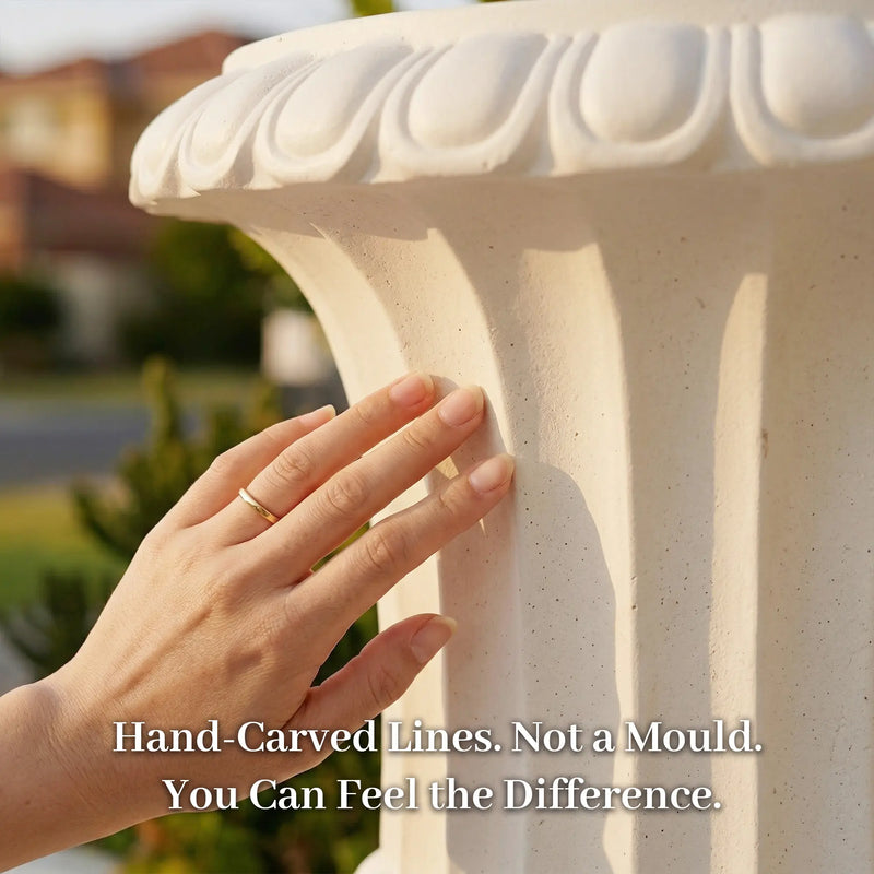 Outway F005 Petra roman sandstone planter close-up hand touching fluted surface petal rim detail cream unpainted texture