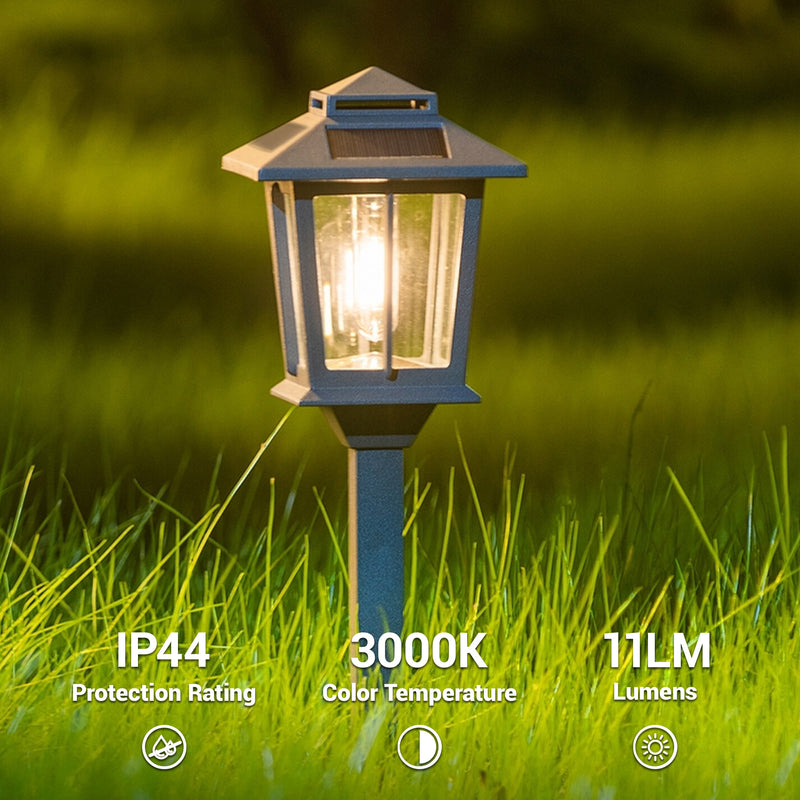 Garden lamp post with specifications on a grassy background