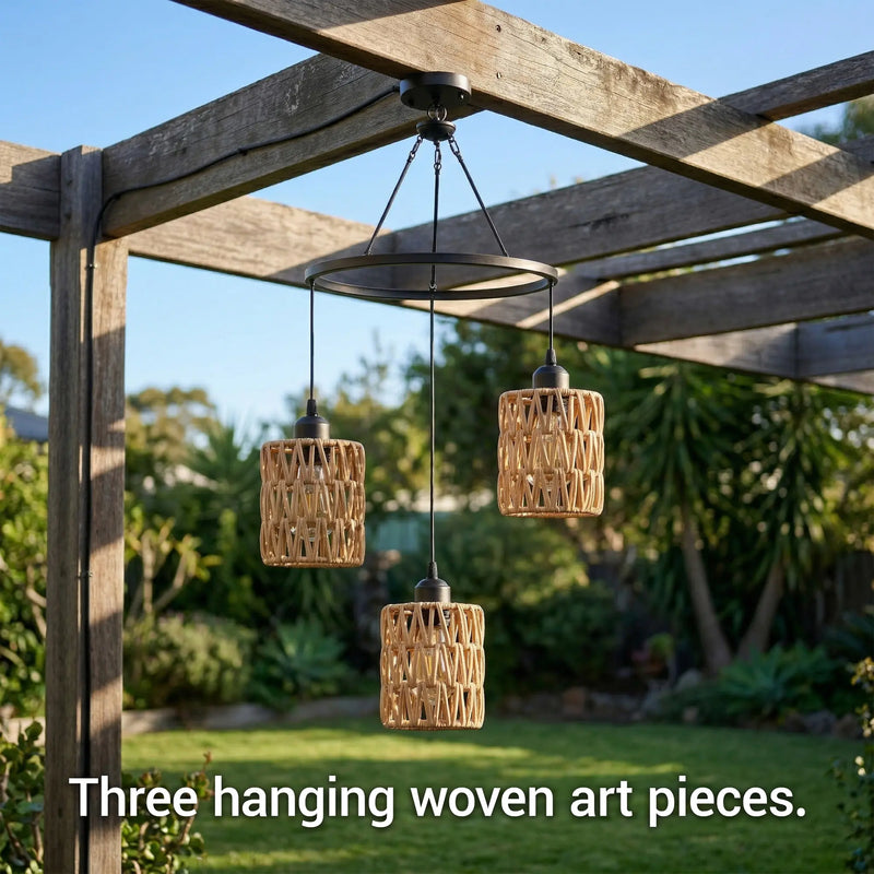 Outway Haiku Trio three woven rattan lanterns suspended at staggered heights against timber pergola