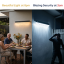 Outdoor lighting system showing a family dinner scene with bright light and a security scene with a person taking a photo.
