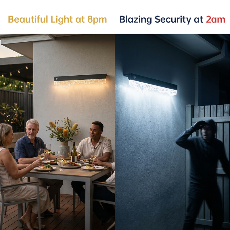 Outdoor lighting system showing a family dinner scene with bright light and a security scene with a person taking a photo.