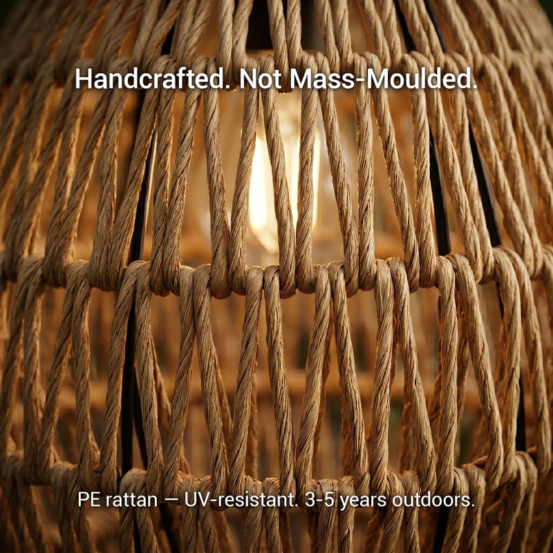 Extreme close-up of the handwoven PE rattan texture of the PT0906 lamp, with text overlay: “Handcrafted. Not Mass-Moulded.” and “PE rattan — UV-resistant. 3-5 years outdoors.”