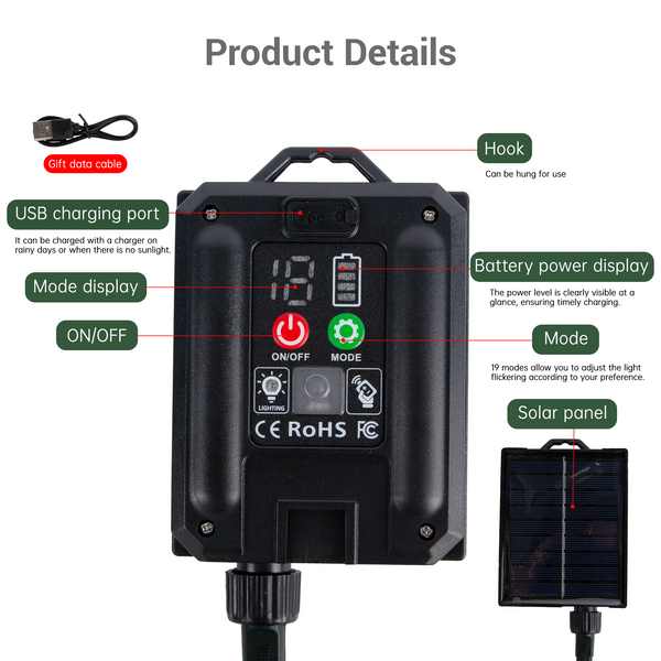 Solar power bank with integrated solar panel, battery, charger, and decorative LED string solar fairy lights for ambiance.
