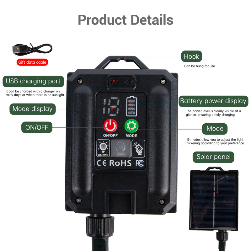Solar power bank with integrated solar panel, battery, charger, and decorative LED string solar fairy lights for ambiance.
