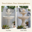 Split image showing OUTWAY solar garden fountain being filled with a hose during the day with solar panel visible on the left and a woman relaxing with a golden retriever beside the illuminated fountain at night on the right with text overlay Sunrise to Midnight No Plug Required