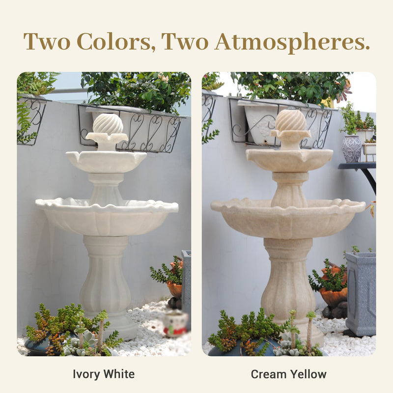 Split image showing OUTWAY solar garden fountain being filled with a hose during the day with solar panel visible on the left and a woman relaxing with a golden retriever beside the illuminated fountain at night on the right with text overlay Sunrise to Midnight No Plug Required