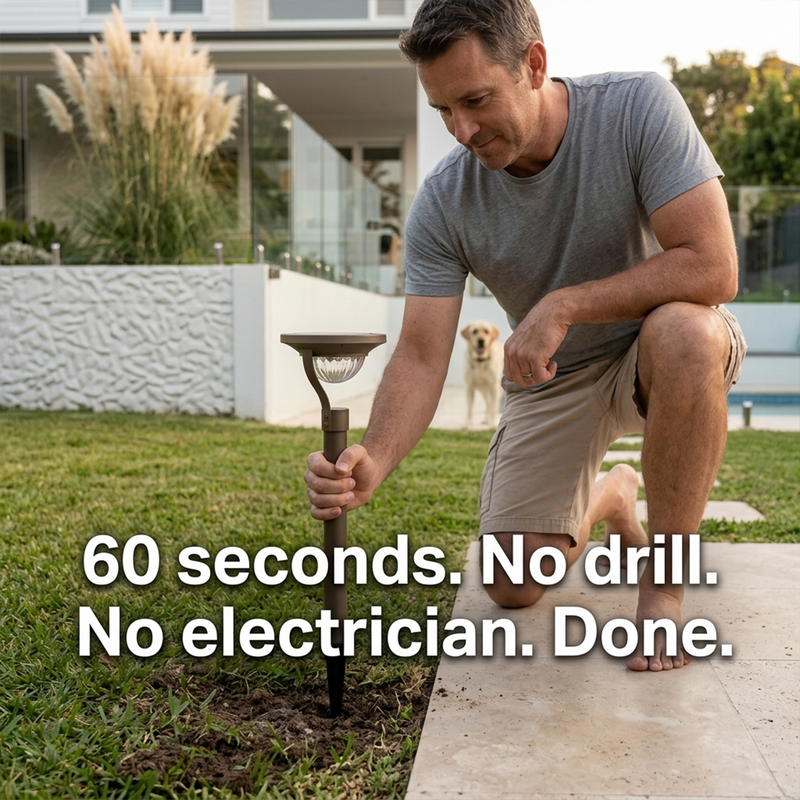 Man installing solar path light by hand in under 60 seconds, no tools or electrician required, with text “60 seconds. No drill. No electrician. Done.” and a dog watching nearby — underscoring user-friendly, tool-free setup for DIY homeowners and renters alike.