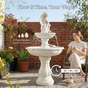 OUTWAY angel solar garden fountain on a brick courtyard deck with 3 flow modes gentle to powerful water icons and timer settings of 2 hours 4 hours and 6 hours with a woman holding a coffee cup seated nearby and text overlay Flow and Time Your Way