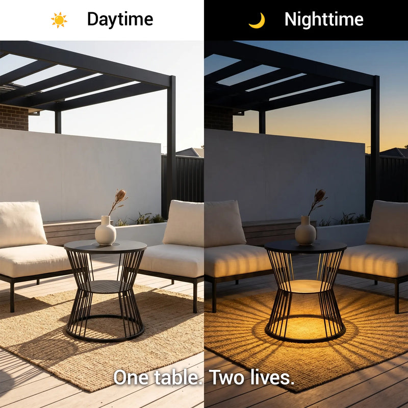 Daytime and nighttime comparison of an outdoor patio setting with a table and chairs.