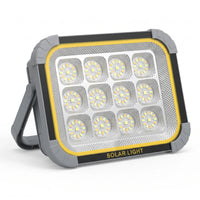 Close-up of SolarFlex Pro’s 12 LED array; yellow border, grey handle, “SOLAR LIGHT” text — durable, high-lumen design.