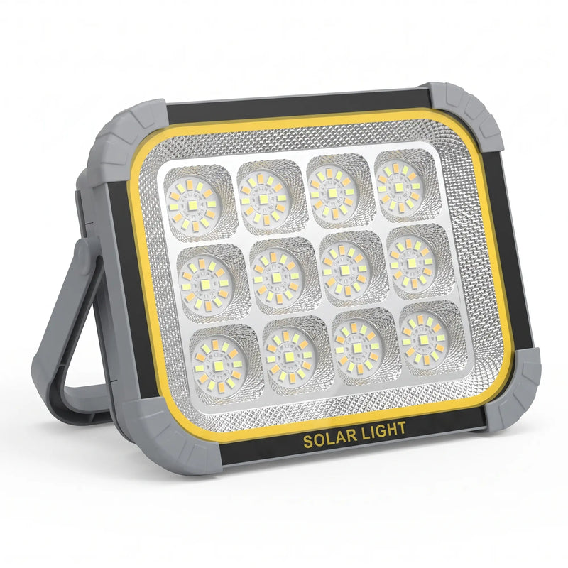 Close-up of SolarFlex Pro’s 12 LED array; yellow border, grey handle, “SOLAR LIGHT” text — durable, high-lumen design.