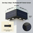 A technical dimension diagram of the PT0803 Grivo solar corner light, illustrating its zero-gap L-shape, 160mm arm length, 72mm height, and perfect fit for 90-degree exterior corners, with the text 'Zero-Gap L-Shape · Fits Standard 90° Exterior Corners' underscoring its precise fit and easy installation.