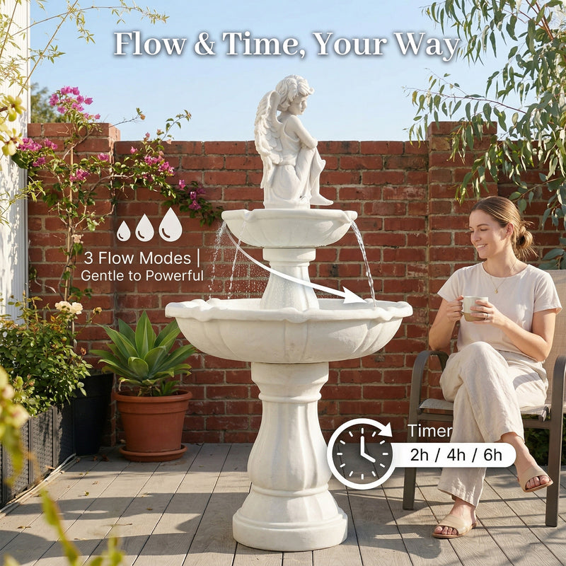 Woman sipping coffee beside angel fountain with flow mode diagram, showing “3 Flow Modes: Gentle to Powerful” and timer options “2h / 4h / 6h” — demonstrating customizable water movement for relaxation or ambient sound control.