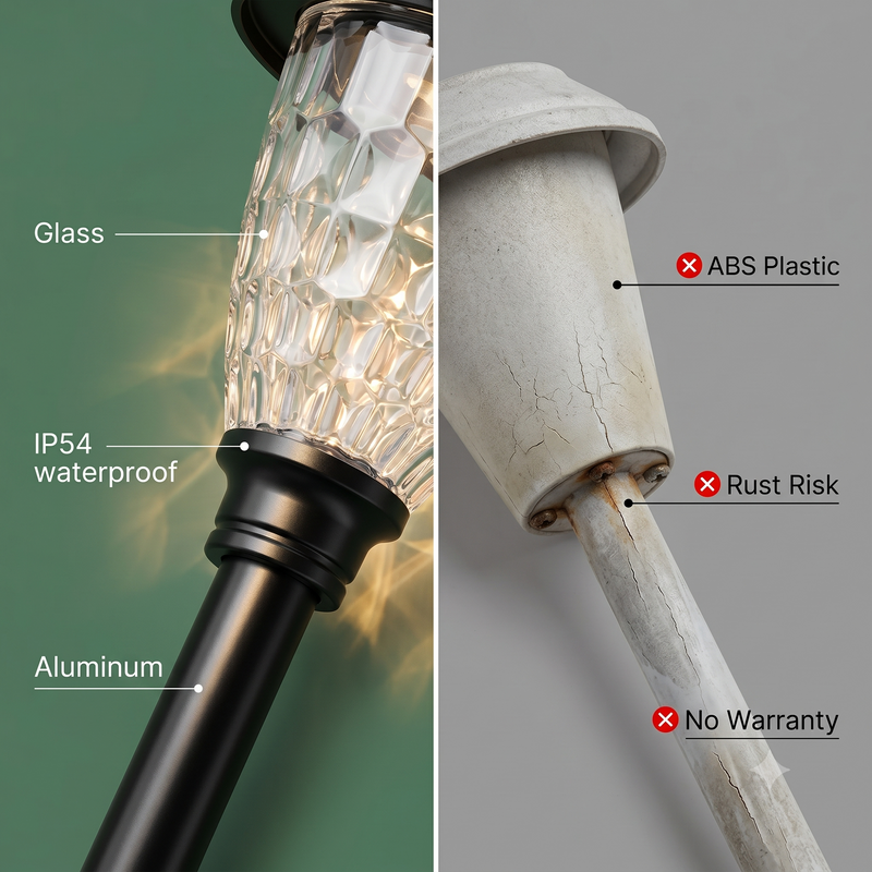Side-by-side material comparison: premium aluminum + glass (left) vs. cracked ABS plastic with rust risk (right), labeled “IP54 waterproof / Aluminum” and “ABS Plastic / Rust Risk / No Warranty” — highlighting durability and value over cheap alternatives.