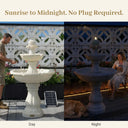 Split image showing OUTWAY solar garden fountain being filled with a hose during the day with solar panel visible on the left and a woman relaxing with a golden retriever beside the illuminated fountain at night on the right with text overlay Sunrise to Midnight No Plug Required