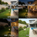 Four-panel timeline showing solar light performance from 6PM to 6AM, with captions “Still Glowing at 1am. Gone Home? It Hasn’t.” and “6PM → 1AM — Still On → 6AM” — visually confirming 12+ hours of continuous operation through the entire night, even after guests have left.
