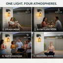 Four-mode lifestyle collage: top-left steady mode for reading, top-right slow flash for dinner, bottom-left fast flash for BBQ party, bottom-right breathing mode for yoga — one PT0909 light adapts to every mood.