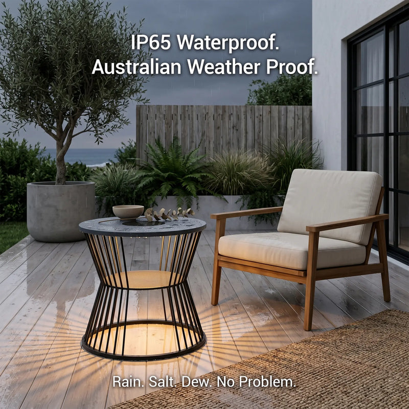 Outdoor furniture set on a wooden deck with text highlighting waterproof features.