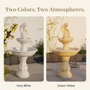 Side by side comparison of OUTWAY angel solar garden fountain in Ivory White and Cream Yellow colours displayed in an outdoor courtyard with text overlay Two Colors Two Atmospheres