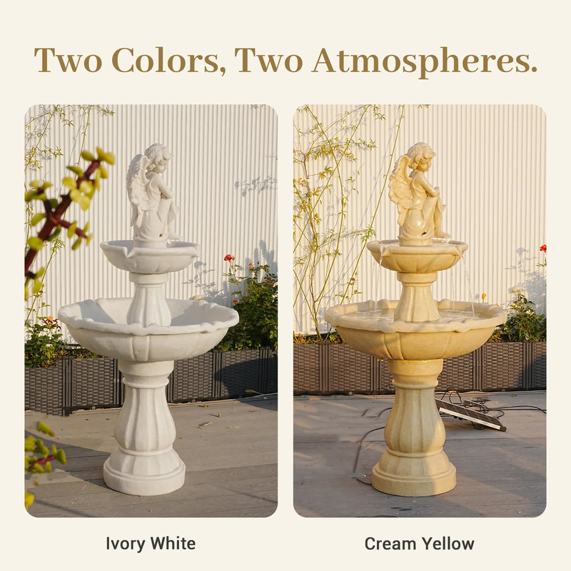 Side by side comparison of OUTWAY angel solar garden fountain in Ivory White and Cream Yellow colours displayed in an outdoor courtyard with text overlay Two Colors Two Atmospheres