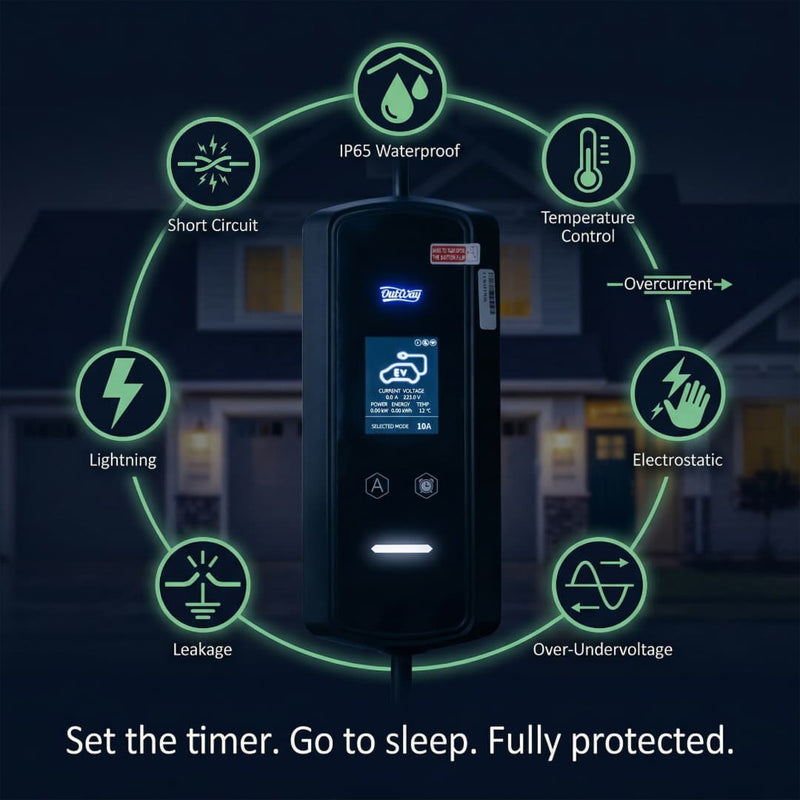 8 safety protections of Flaro Portable EV Charger including overload and leakage protection