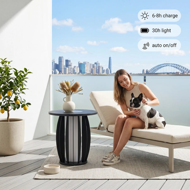 Woman sitting on a lounge chair with a dog on a balcony with a cityscape view.