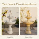 Side-by-side comparison of Ivory White and Cream Yellow angel fountains, with text “Two Colors, Two Atmospheres” — helping buyers visualize how each finish complements different garden palettes and architectural styles.