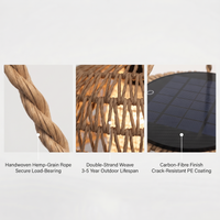 Close-up of handwoven PE rattan texture on the solar pendant light, highlighting craftsmanship with text “Handcrafted. Not Mass-Moulded.” and durability note: UV-resistant, lasts 3-5 years outdoors.